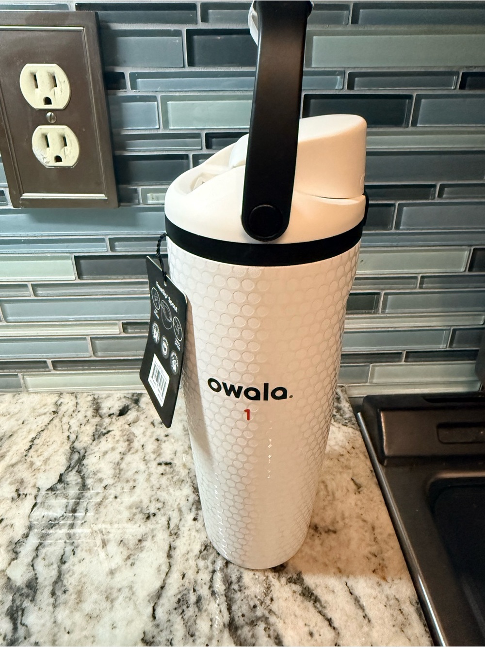 Special edition awala White Textured Water Bottle with Black Handle. New!! 30 oz